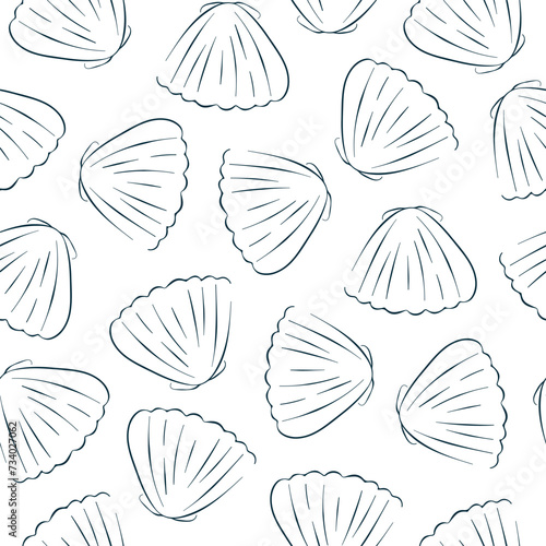 Seamless scallop pattern in line art style. Undersea blue background for printing, textile. Vector illustration on a white.