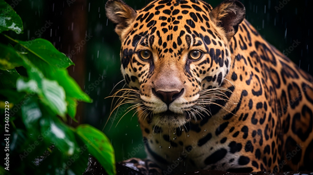 Fototapeta premium a jaguar in the rain looking at the camera