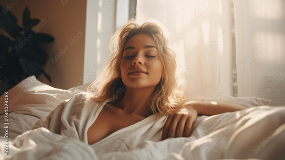 beautiful blonde woman with closed eyes lying in bed and looking at camera beautiful blonde woman with closed eyes lying in bed and looking at camera