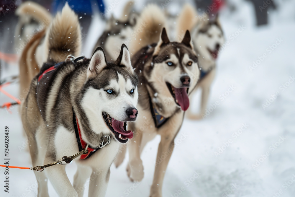 Siberian husky dogs pull sled with musher.
