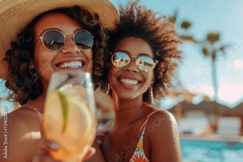 female Friends enjoying summer vibes with refreshing drinks by pool party