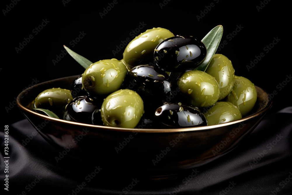 green and black olives on a plate, olive leaves dark background green and black olives on a plate, olive leaves dark background