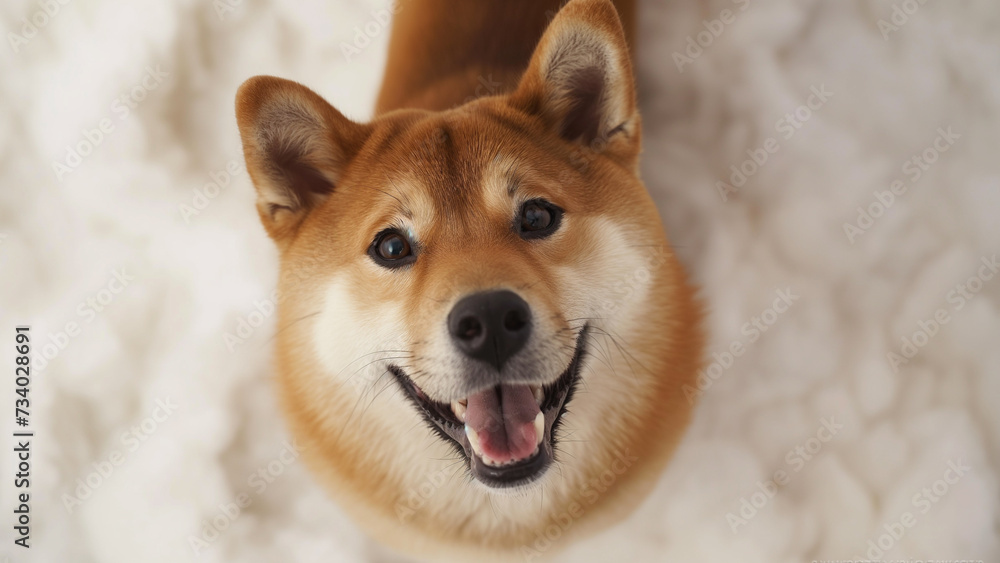 Friendly looking funny dog Shiba Inu happy smiling on white background. Adorable pet positive exited emotions making friends with you. Top view from above. Funny prank silly jokes reaction Friendly looking funny dog Shiba Inu happy smiling on white background. Adorable pet positive exited emotions making friends with you. Top view from above. Funny prank silly jokes reaction