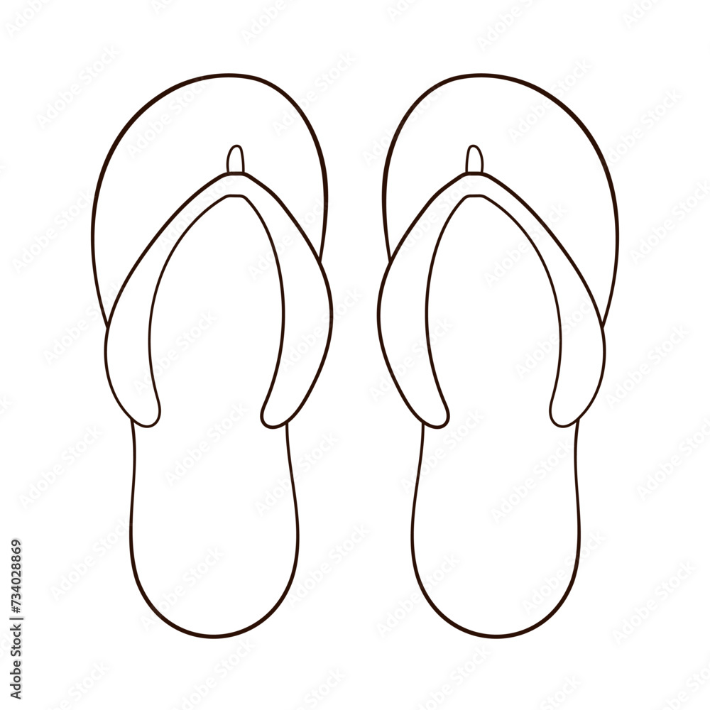 Pair of flip flops in line art style. Summer time slippers, shoes design. Vector illustration isolated on a white background. Pair of flip flops in line art style. Summer time slippers, shoes design. Vector illustration isolated on a white background.