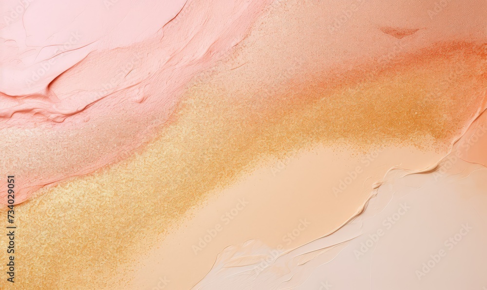Fototapeta premium Abstract background with soft peach gradient and shining golden glittering shimer. Texture backdrop with copy space. Pink, orange and coral colors