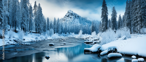 A serene winter landscape captures a snow-covered riverbank and frosted trees against a misty mountain backdrop, reflecting the stillness of nature.