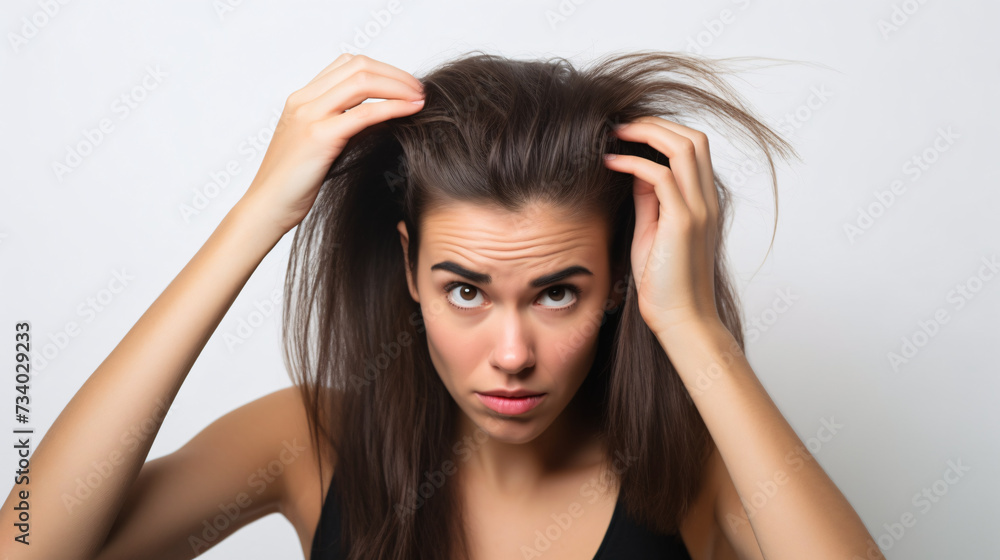 Portrait of a stressed young woman looking at the camera holding her hair Portrait of a stressed young woman looking at the camera holding her hair