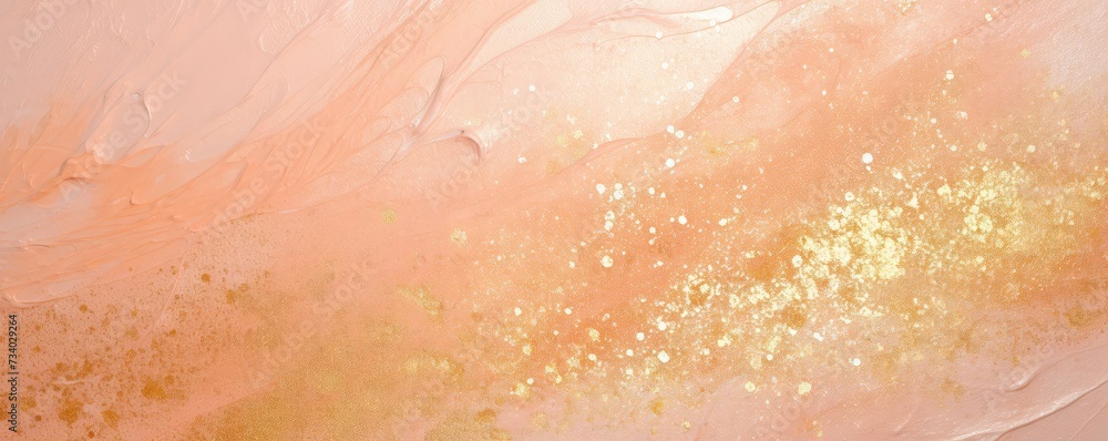 Abstract background with soft peach gradient and shining golden glittering shimer. Texture backdrop with copy space. Pink, orange and coral colors