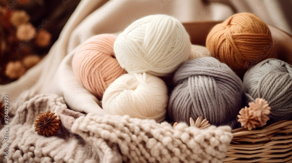 Craft knitting hobby background with yarn in natural colors. Recomforting hobby to reduce stress for cold fall and winter weather.