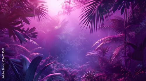 Tropical jungle with exotic plants in purple blue light and haze. Summer wallpaper with copy space.