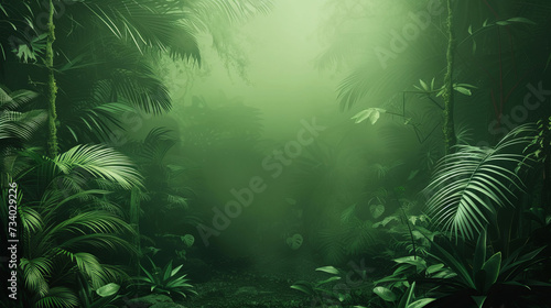 Tropical green vegetation  palms and ferns  light coming through fog. Exotic summer wallpaper with copy space.