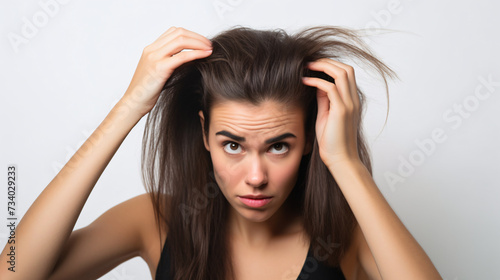 Portrait of a stressed young woman looking at the camera holding her hair