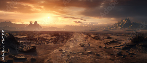 Desolate Landscape at Sunset. The setting sun casts a golden glow over a desolate landscape, creating a dramatic scene of solitude and the raw beauty of nature.