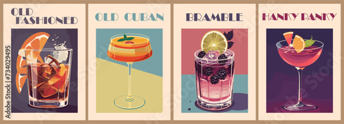 Cocktails retro poster set. Old Fashioned, Bramle, Panky Hanky, Old Cuban colorful prints. Collection of popular alcohol drinks. Vintage style flat vector illustrations for bar, pub, restaurant decora