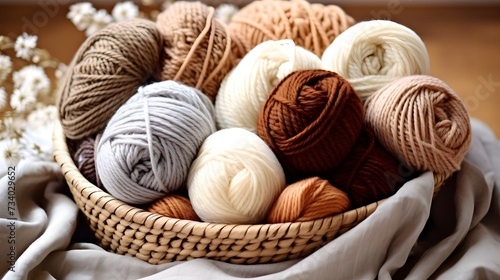 Craft knitting hobby background with yarn in natural colors. Recomforting hobby to reduce stress for cold fall and winter weather.