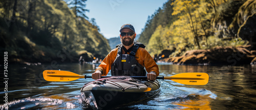 Man Kayaking in Serene River at Dusk, An adventurer kayaking through tranquil waters, surrounded by the natural beauty of a river landscape at dusk, evoking peace and exploration.
