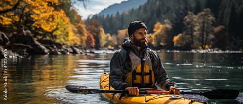 Man Kayaking in Serene River at Dusk, An adventurer kayaking through tranquil waters, surrounded by the natural beauty of a river landscape at dusk, evoking peace and exploration.