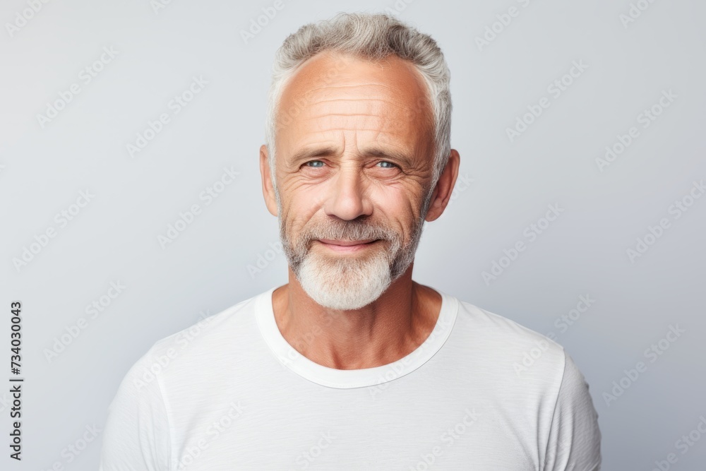 Handsome senior man with grey hair and beard looking at camera while standing against grey background Handsome senior man with grey hair and beard looking at camera while standing against grey background