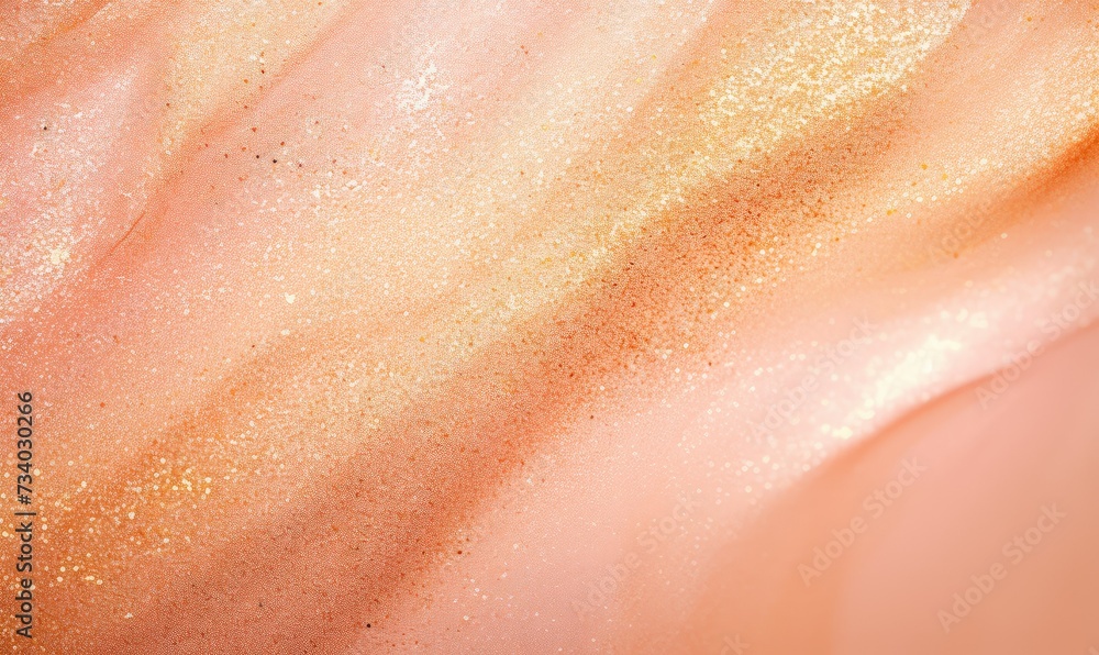 Abstract background with soft peach gradient and shining golden glittering shimer. Texture backdrop with copy space. Pink, orange and coral colors