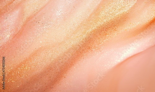 Abstract background with soft peach gradient and shining golden glittering shimer. Texture backdrop with copy space. Pink  orange and coral colors