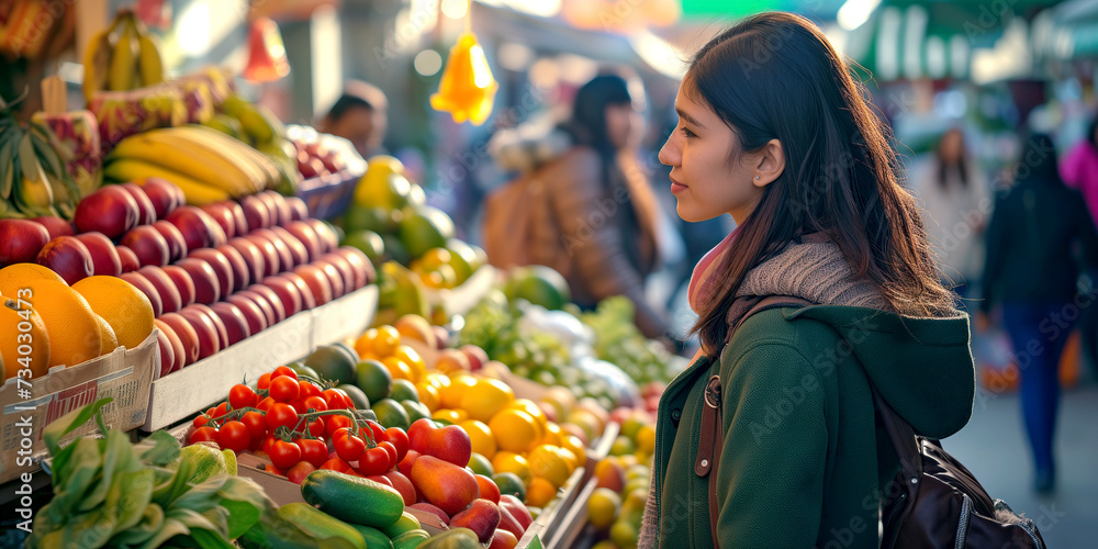 Obraz premium A latin woman stands confidently in front of a vibrant display of fresh and healthy fruits and vegetables.