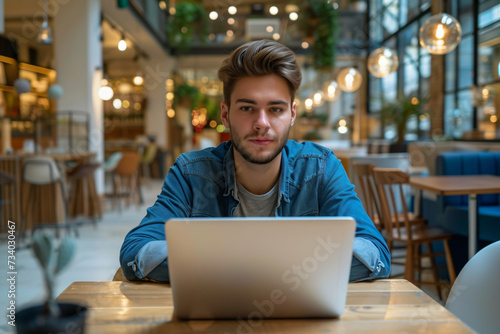 Confident young male entrepreneur at laptop in coworking space. Casual business attire with copy space. Start-up culture and collaborative work environment concept