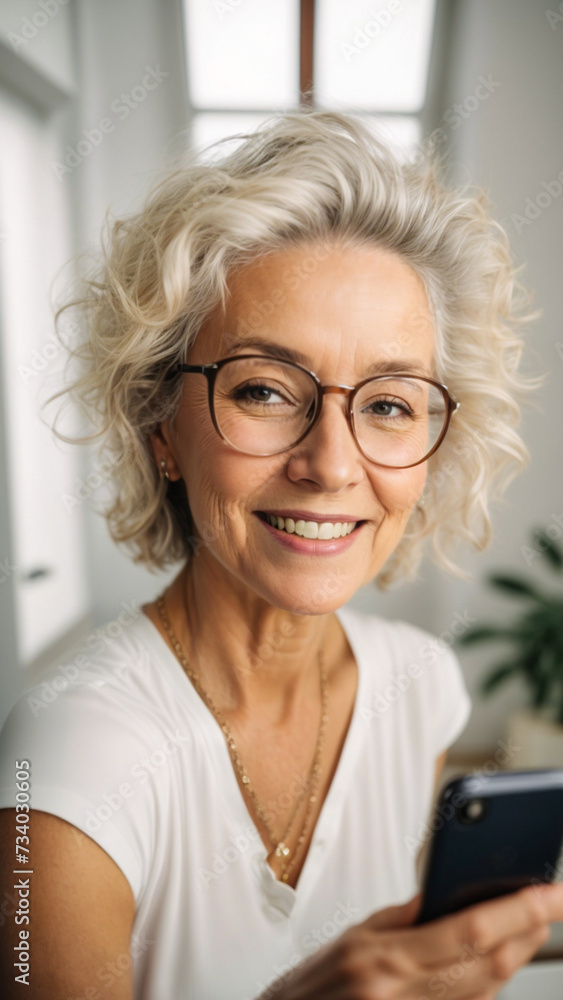 closeup of a beautiful mature lady dressed in elegant clothes enjoying a nice day in the living room of her house taking selfie using a cell phone, smiling happily, concept of happy people, a closeup of a beautiful mature lady dressed in elegant clothes enjoying a nice day in the living room of her house taking selfie using a cell phone, smiling happily, concept of happy people, a