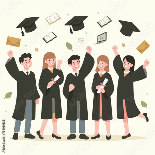 Graduated students celebrating graduation from college, university or high school. Vector happy students with diplomas wearing academic gown