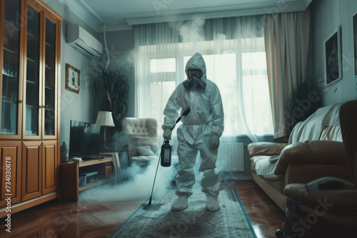 pest control worker in a protective suit sprays insect poison in a living room photo