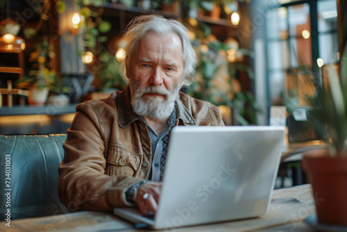 Elderly man with white beard focused on laptop in bright coworking area. Senior professional with copy space. Contemporary workspace and active retirement concept