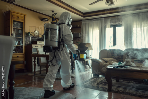 pest control worker in a protective suit sprays insect poison in a living room © Kien