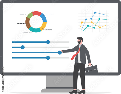 Control panel or slider for marketing campaign optimization, SEO or online service customization, application development concept, business people control slider bar interface to optimize system.


