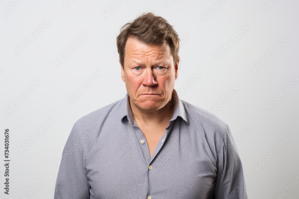 Middle age man making funny face on grey background. Negative facial expression Middle age man making funny face on grey background. Negative facial expression