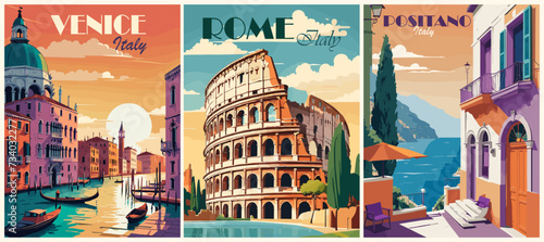 Set of Italy Travel Destination Posters in retro style. Venice  Rome  Positano digital prints. European summer vacation  holidays concept. Vintage vector colorful illustrations.