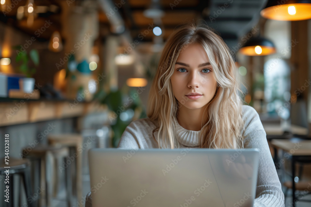 Young blonde woman concentrating on laptop at a modern coworking station. Freelancer in casual wear with copy space. Independent business and flexible work environment concept