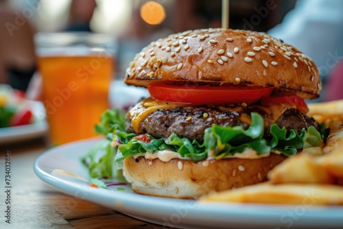 burger with fries on a plate