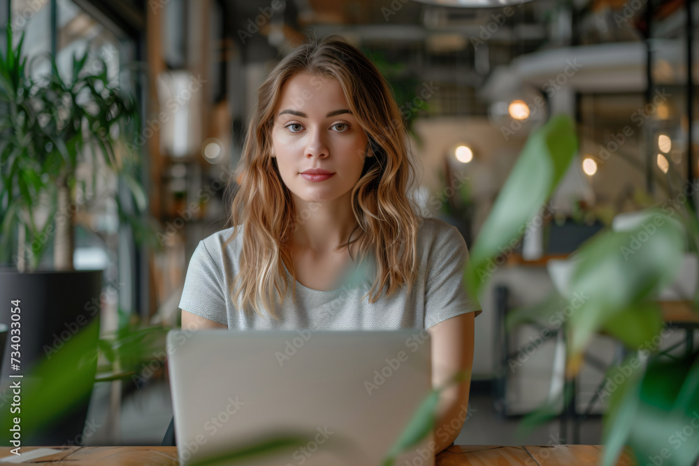 Young blonde woman concentrating on laptop at a modern coworking station. Freelancer in casual wear with copy space. Independent business and flexible work environment concept Young blonde woman concentrating on laptop at a modern coworking station. Freelancer in casual wear with copy space. Independent business and flexible work environment concept