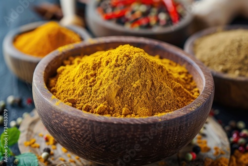 curry powder in a bowl on spices background