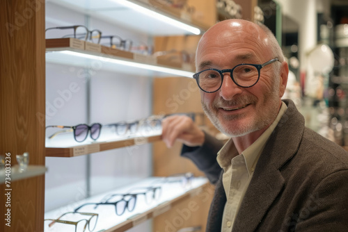 senior man chooses and tries on glasses in an ophthalmology store