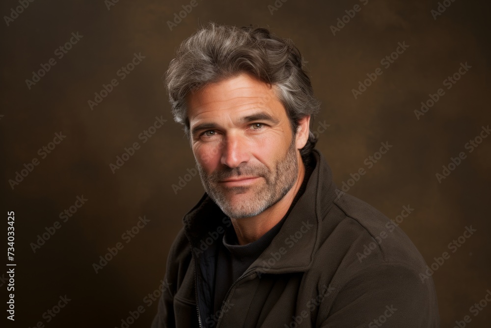 Handsome middle aged man with gray hair and beard on brown background