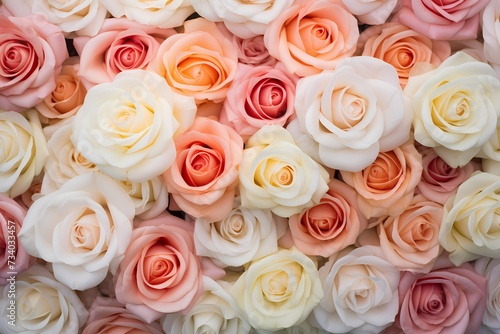 An enchanting arrangement of pastel-colored roses from a top perspective, providing an elegant canvas for text. © Kanwal