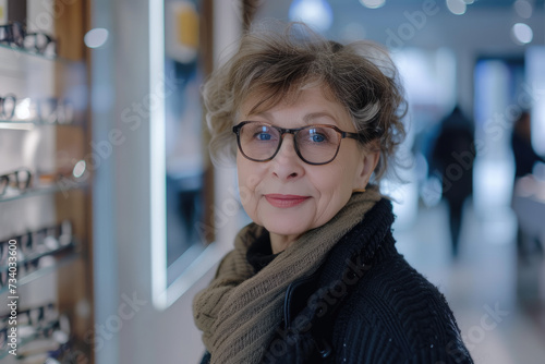 senior woman chooses and tries on glasses in an ophthalmology store
