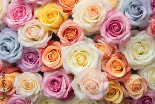 An enchanting arrangement of pastel-colored roses from a top perspective  providing an elegant canvas for text.