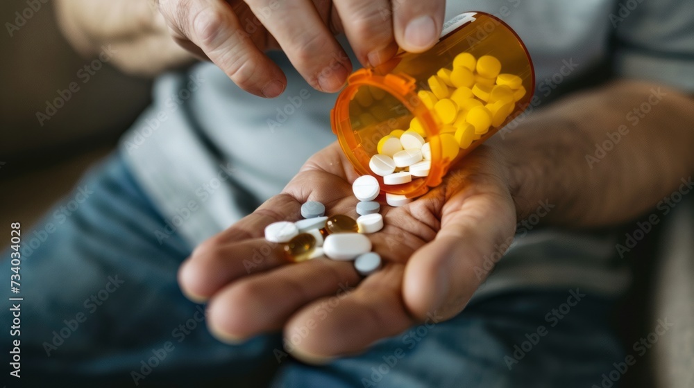 Person Pouring Assorted Pills into Hand