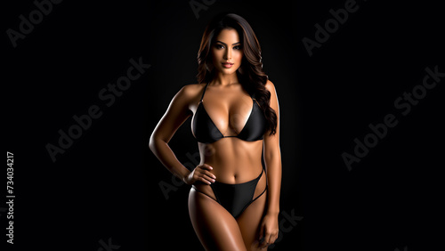 Latina model donning a bikini stands against an isolated black backdrop, highlighting contrast. © Chrish