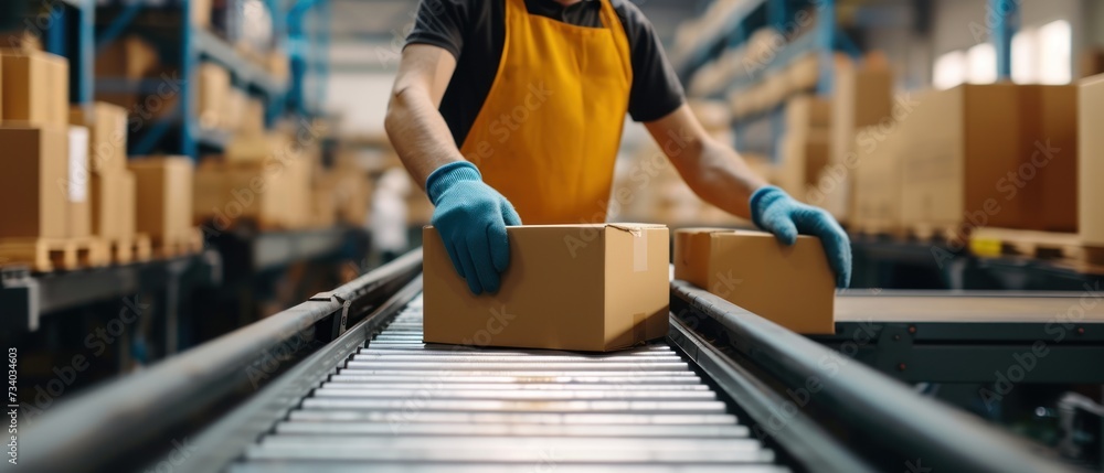 Fototapeta premium Warehouse worker is packing boxes on a conveyor belt for shipment
