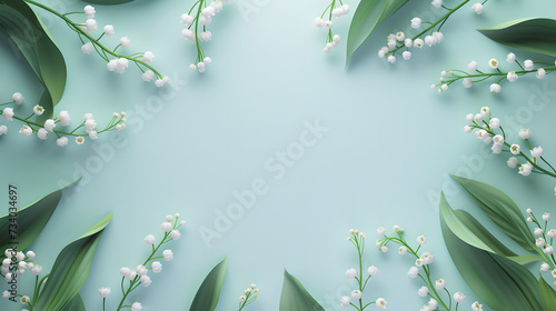 Blue background with lily of the valley frame photo