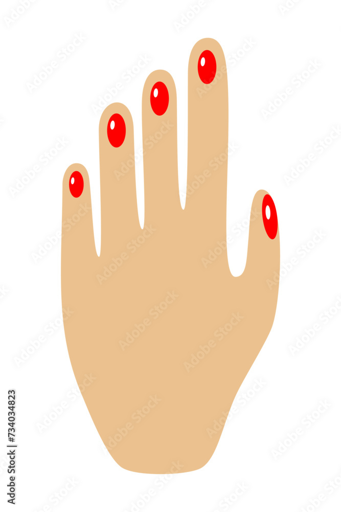 Female hand palm with red painted nails. Flat doodle style. Vector illustration. Female hand palm with red painted nails. Flat doodle style. Vector illustration.