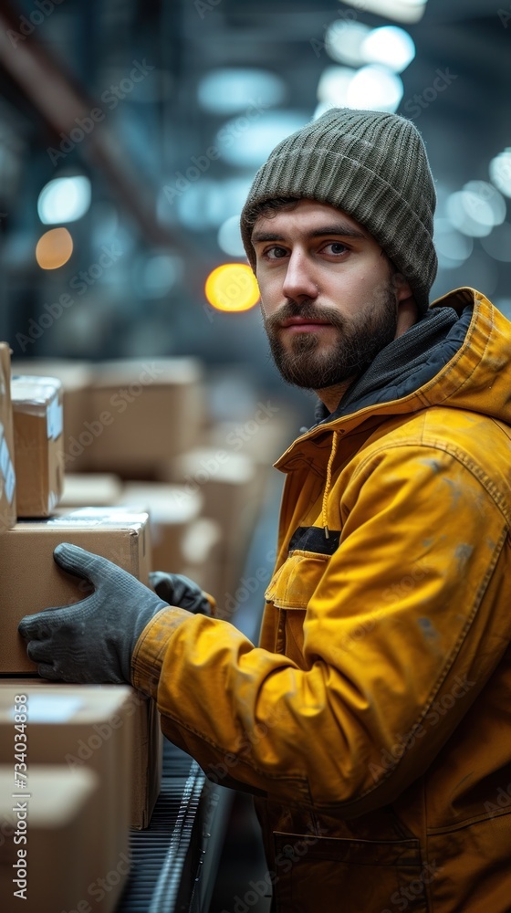 Warehouse worker is packing boxes on a conveyor belt for shipment Warehouse worker is packing boxes on a conveyor belt for shipment