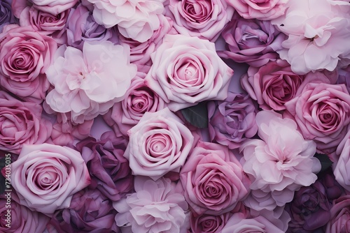 An HD capture of a top view featuring a cluster of roses in shades of lavender  set against a pastel purple background  with ample space for creative text.